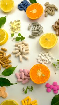 Various tablets and capsules, supplements and vitamins. Selective focus.