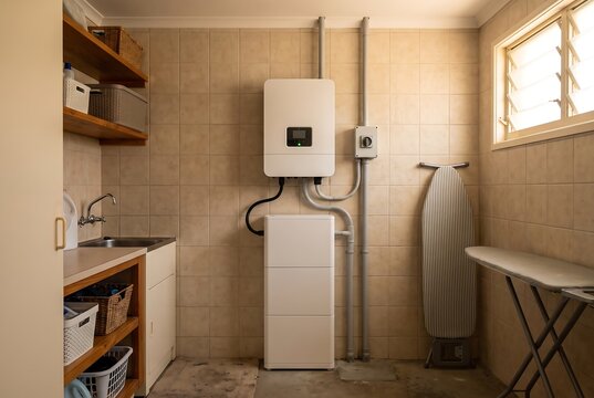 Hybrid solar inverter and home battery in tiled utility room