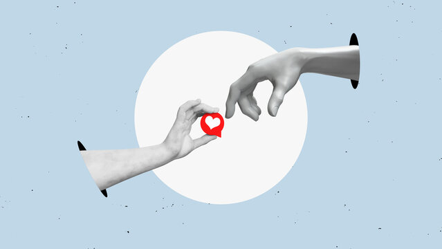 Human hand holding a glossy red like icon isolated on transparent background.