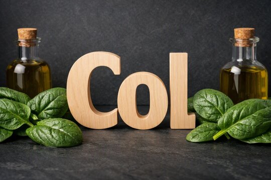 Wooden letter col with spinach leaves and olive oil on dark slate background for nutrition and healthy food banner design
