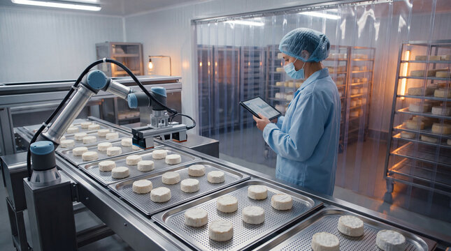 Factory worker holding tablet near robotic arm and cheese production line