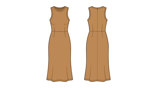 Women's Brown Sleeveless Maxi Dress Technical Fashion Flat Sketch Illustration Front and Back View Template