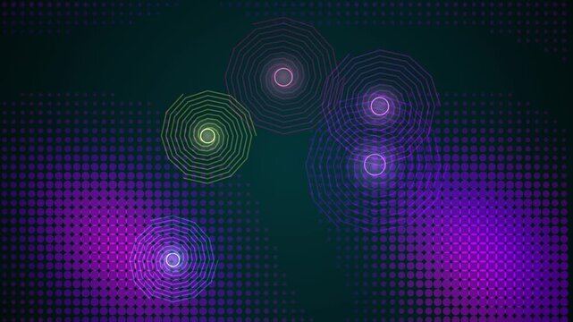 Vibrant neon concentric circle patterns set against a dark gradient halftone backdrop