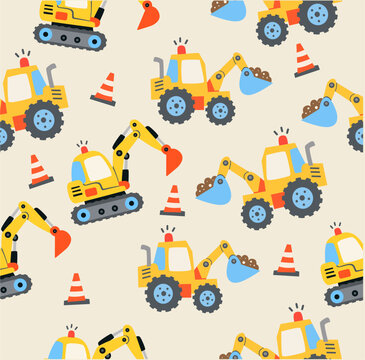 excavator truck and construction seamless pattern background for kids vector illustration