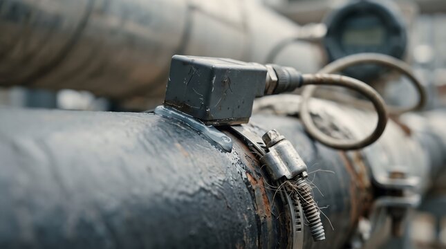 Close-up of an ultrasonic flow meter transducer clamped to a rusty industrial pipe with coupling gel