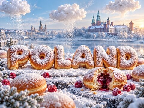 Jam doughnuts spelling Poland in a snowy scene