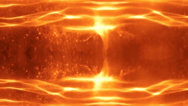 Glowing molten lava ripples and flows in bright bands across a dark orange surface