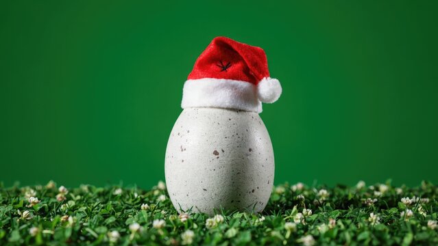 Speckled egg wearing a miniature red santa claus hat on green grass