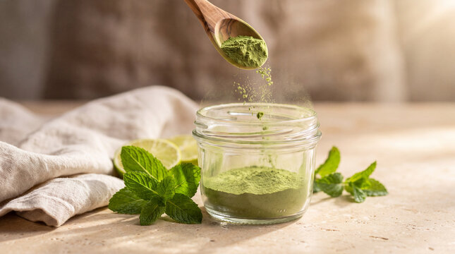 Matcha powder being poured from a wooden spoon into a glass jar