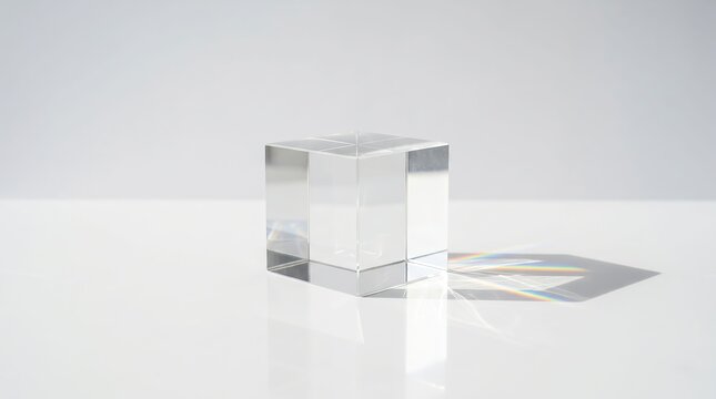 Minimalist clear acrylic cube casting subtle shadow on light surface