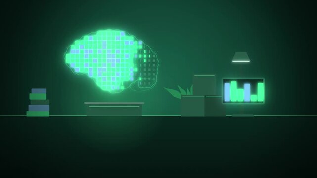 AI brain made of flipping tiles in a room full scene seamless loop