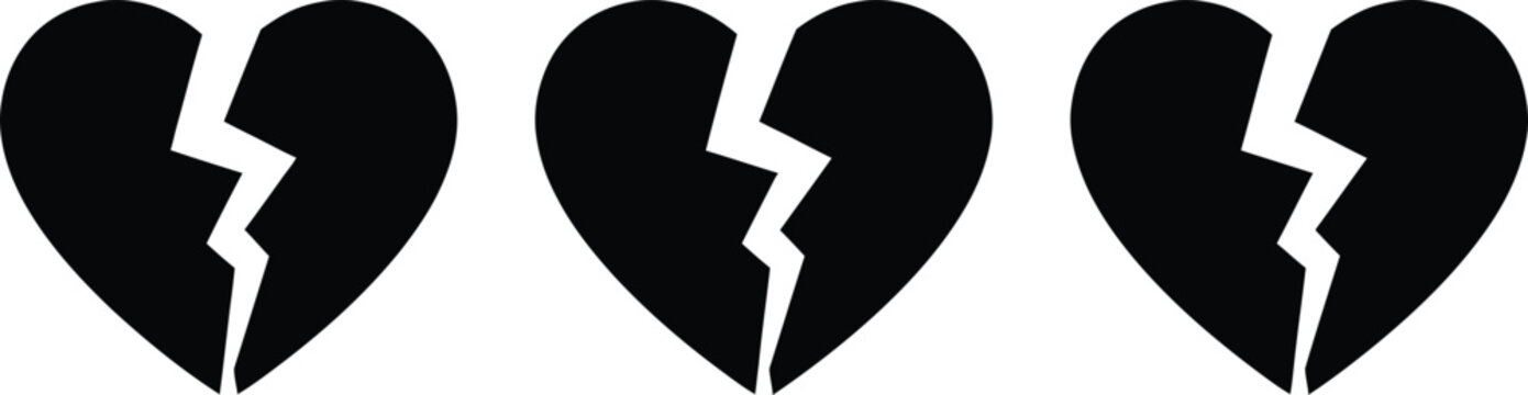 Row of three black broken heart symbols representing heartbreak grief emotional pain with relationship end
