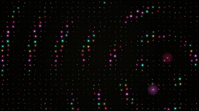 Seamless looping grid of colorful glowing dots floating on dark background
