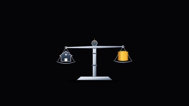 Scales balancing house and stack of coins representing real estate investment and financial choices