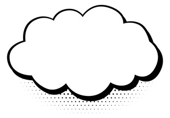 Fototapeta premium A minimalist black and white comic book style speech bubble with a dotted halftone shadow on a white background.
