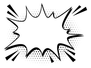 Fototapeta premium A bold black and white comic book style explosion speech bubble with halftone dots on a plain background.