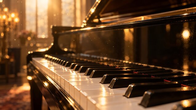 Closeup of a grand piano keyboard with warm lighting in a luxurious room