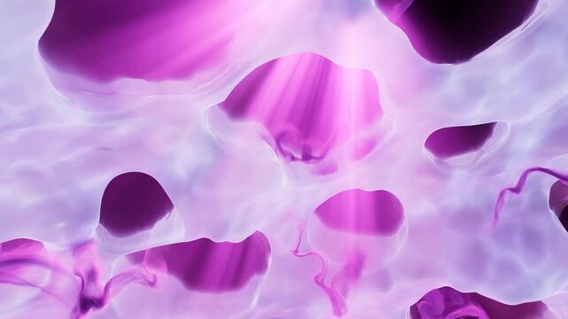 Purple ink clouds form layered abstract patterns in a translucent liquid field