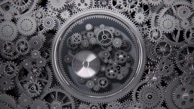 Mechanical gears and metallic clockwork cogs rotate and interlock across an intricate industrial machinery system in a seamless 3D animation