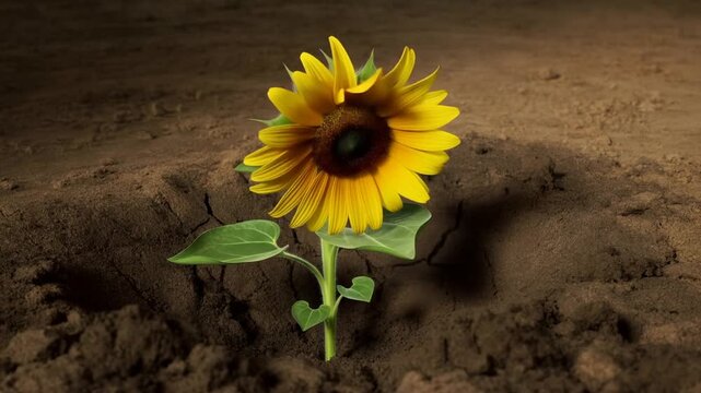 Green seedling emerges from cracked dry soil in a barren, parched landscape
