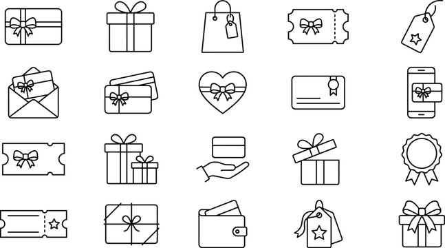  Gift Card and Voucher Line Icon Set for Shopping Discount Loyalty Rewards Celebration and Holiday Promotional Designs