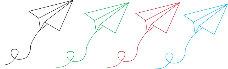 Set of four paper airplane icons in black, green, red, and blue colors, featuring flight paths and minimalist line for travel and mail themes isolated on a transparent background © insane creation