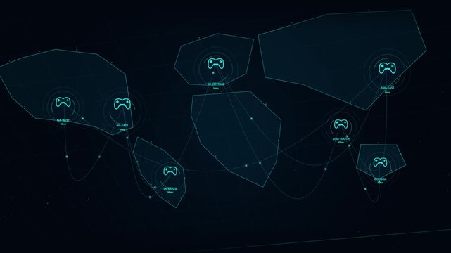 Digital world map interface showing global server network connectivity with glowing blue game controller icons and latency data points on a dark background