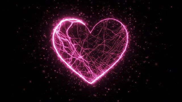 Glowing pink particle web heart on a black background. Suitable for valentines, weddings, anniversaries, events, and greetings.