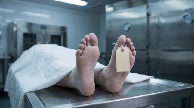 Deceased person's feet with a toe tag in a morgue, covered by a white sheet on a metal table, with blurred stainless steel equipment in the background, concept of mortality and forensic investigation