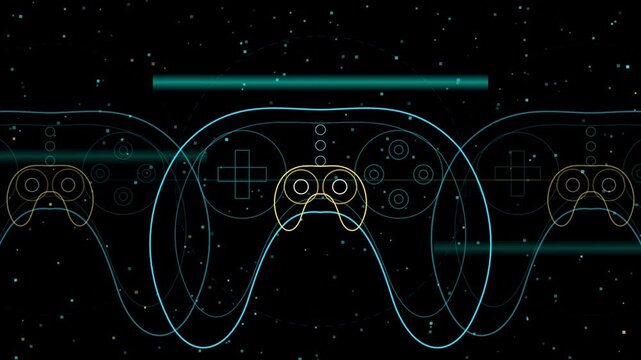 Abstract digital background featuring glowing neon outlines of video game controllers in a futuristic spacethemed setting with pixelated particles