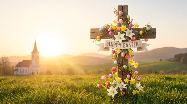 Rustic Wooden Cross Decorated With Spring Flowers Colorful Easter Eggs And A Banner In A Green Meadow With A Country Church At Sunrise