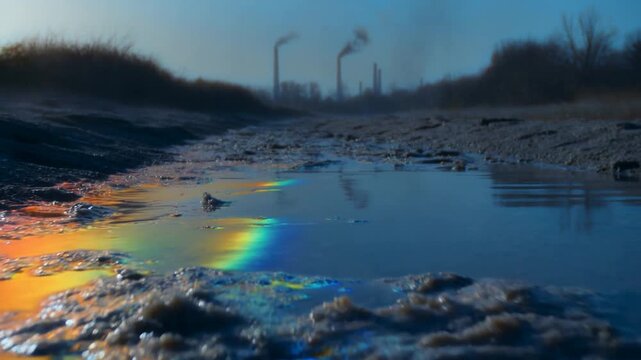 Icy shoreline with rippling water reflecting sunset beneath distant industrial chimneys