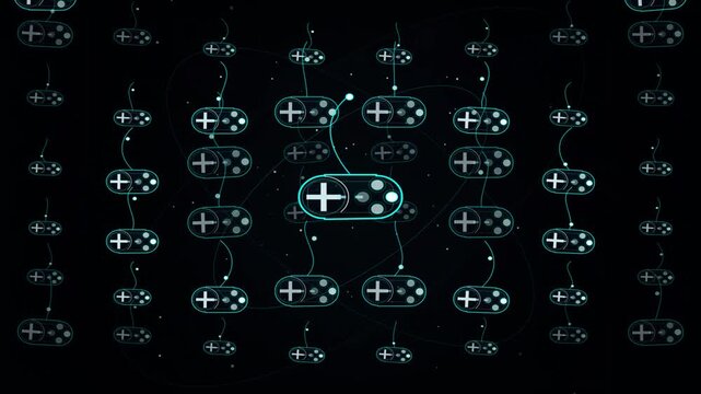 Digital gaming concept with glowing controller icons on a dark background
