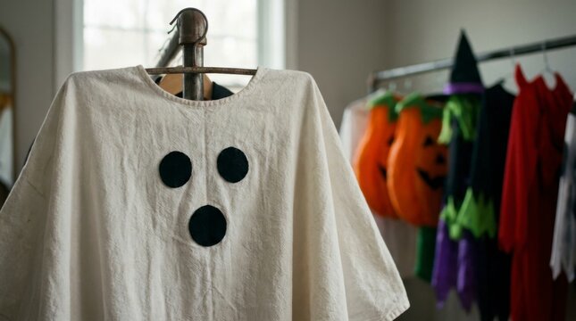 White Ghost Costume with Black Eyes and Mouth Hanging on a Rack with Other Halloween Outfits, concept of Halloween preparation and festive spirit