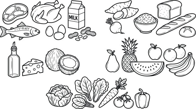 Healthy food groups vector icon set featuring hand drawn line illustrations of fresh fruits vegetables proteins dairy grains and organic nutrition categories.