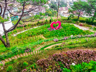 Hillside flower garden in Vietnam features a large pink heart sculpture, winding paths and colorful blooms. Scenic park view for tourism, romance, landscaping and travel themes © Kate