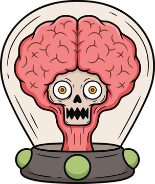 Cute cartoon vector illustration of a creepy alien brain in a glass dome with a skull face and wide yellow eyes isolated on a clean white background