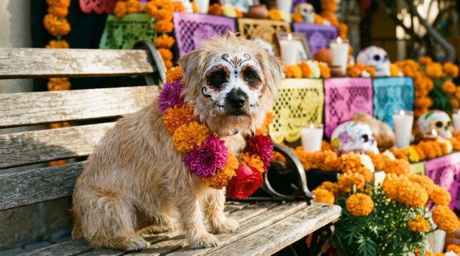 Cute dog with sugar skull face paint and marigold garland sitting on a wooden bench at a Day of the Dead altar, celebrating Dia de los Muertos, concept of cultural celebration and remembrance