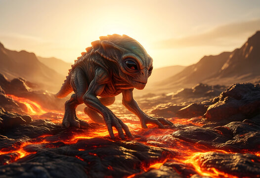 Extraterrestrial life and alien creature on volcanic planet, science fiction exploration of hostile environment with lava and glowing magma landscape