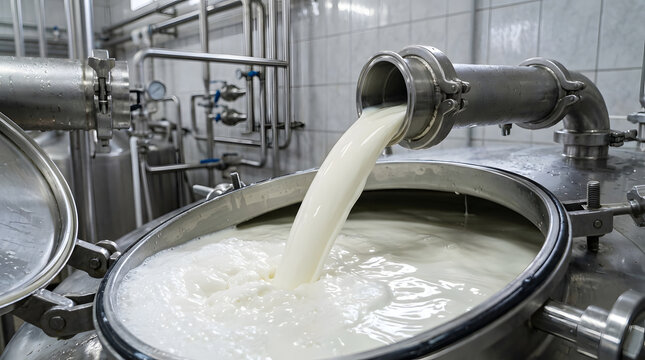 Milk industrial processing in stainless steel vat at dairy plant. Fresh milk pouring from pipe