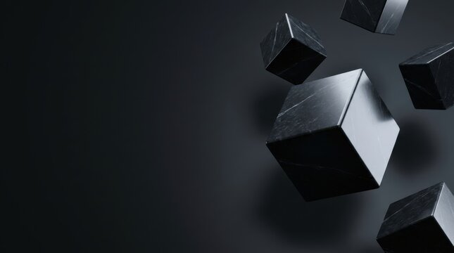 Floating marble texture cubes dark background abstract geometric composition.