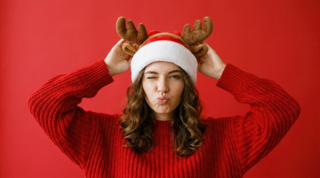 Playful young woman in a red Christmas sweater and reindeer antler hat winking and making a kissy face against a vibrant red background, embodying festive cheer, concept of festive cheer and holiday f