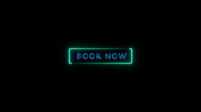 Neon glowing Book now button animation on transparent background. Book now Glowing neon text animation.4k
