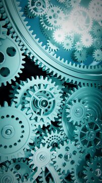 Cyan gear wheels turn and interlock in a complex vertical clockwork system evoking future chronological flow in a 3D animation seamless loop