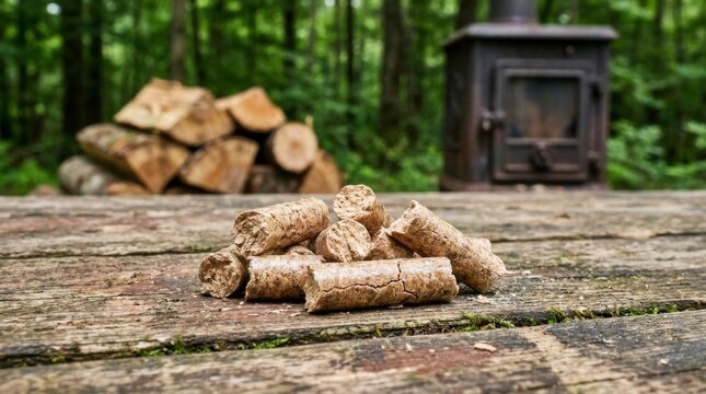 Wood pellets for heating on a rustic wooden table with a blurred background of stacked logs and a wood burning stove in a forest