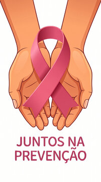 Hands holding pink ribbon for cancer awareness