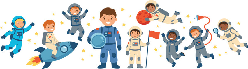 Cute cartoon children astronauts in space suits vector illustration banner. kids floating with rocket, planet, stars, flag, cosmic exploration concept. © M studio