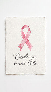 Pink ribbon watercolor painting on textured paper