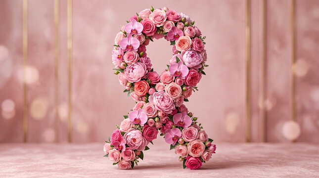 Pink ribbon made of flowers