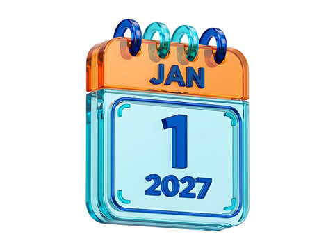 3d glossy calendar icon showing january first 2027 date for new year celebration and time management plan